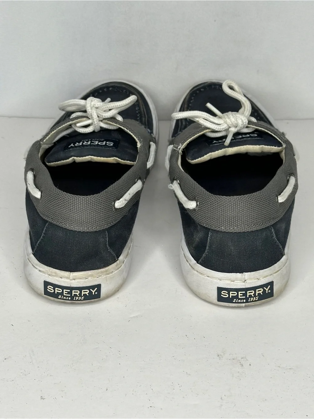 Sperry Two Eye Navy and Gray Boat Shoes Top Siders Canvas Sz 9.5